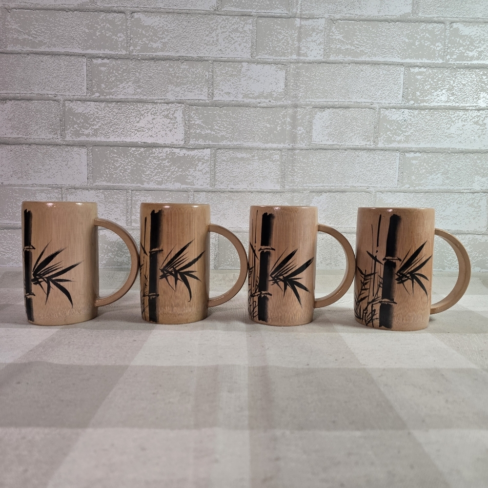 Vintage MCM Set 4 Natural Bamboo Mugs & Cups Japan Hand Painted
